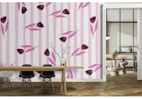 Wallpaper with stylized flowers and pink stripes decoration.