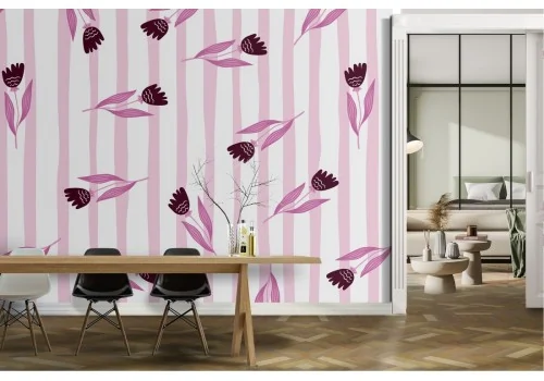 Wallpaper with stylized flowers and pink stripes decoration.