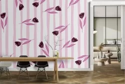 Carta da Parati fiori stilizzati e righe rosa decorazione.
