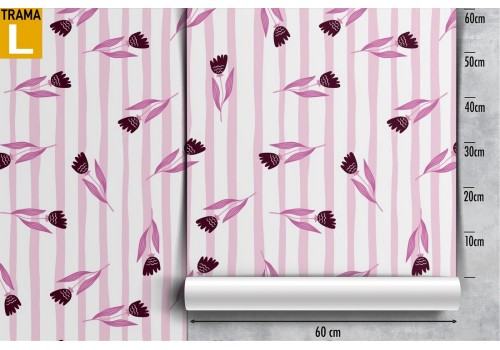 Carta da Parati fiori stilizzati e righe rosa decorazione. 2