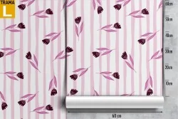 Wallpaper with stylized flowers and pink stripes decoration.