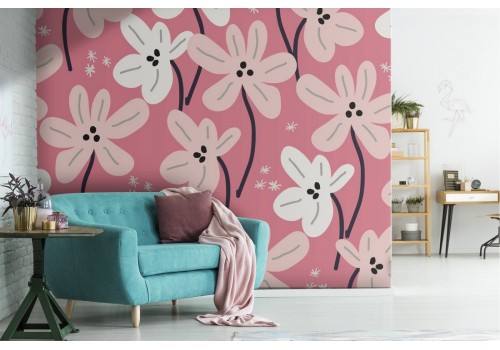 White stylized flowers wallpaper on a pink background.