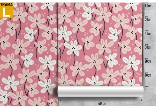 Carta da Parati fiori bianchi stilizzati sfondo rosa. 2