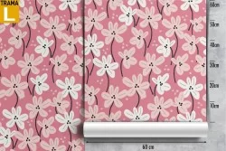 White stylized flowers wallpaper on a pink background.