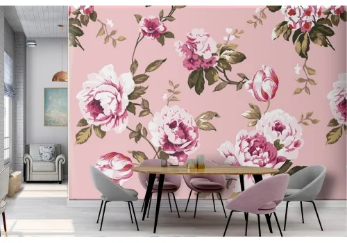 Refined wallpaper with pink flower pattern.
