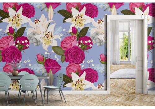 Fuchsia and white flowers wallpaper modern design.
