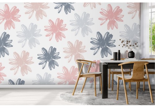 Wallpaper with stylized pink and blue flowers pattern.