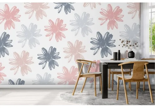 Wallpaper with stylized pink and blue flower pattern.