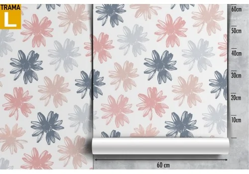 Wallpaper with stylized pink and blue flowers pattern. 2
