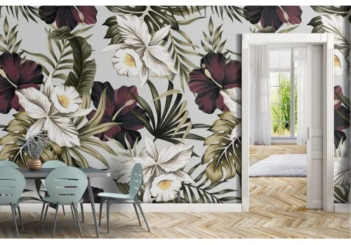 Carta da Parati decorazione fiori e foglie natura.