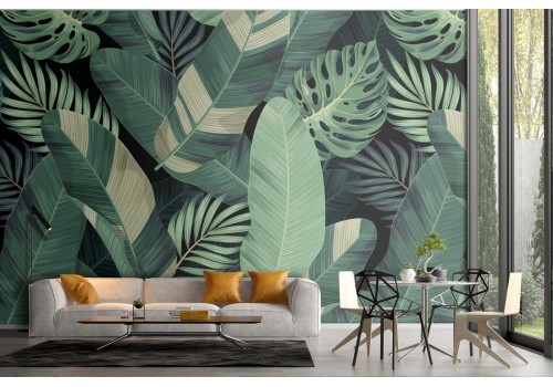 Tropical green leaves wallpaper pattern.