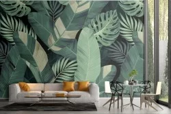 Carta da Parati foglie verdi tropicali pattern.