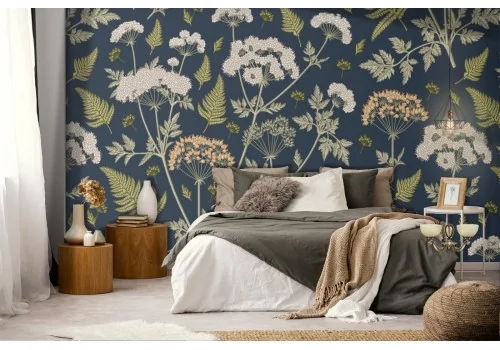 Carta da Parati foglie e fiori vintage pattern.