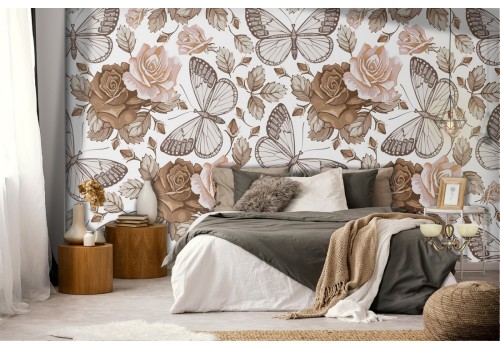 Vintage wallpaper with flowers and butterflies.