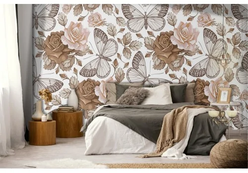 Vintage wallpaper with flowers and butterflies.