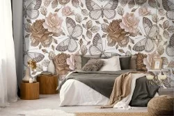Vintage wallpaper with flowers and butterflies.