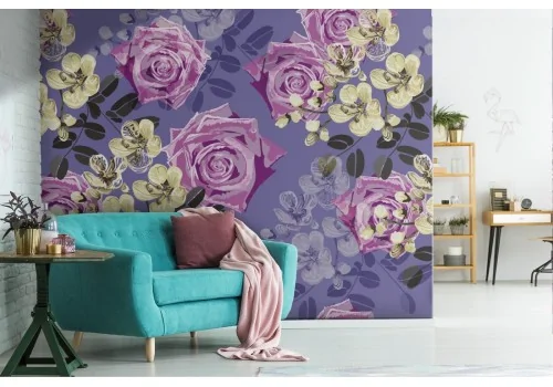 Carta da Parati rose viola e bianche pattern.