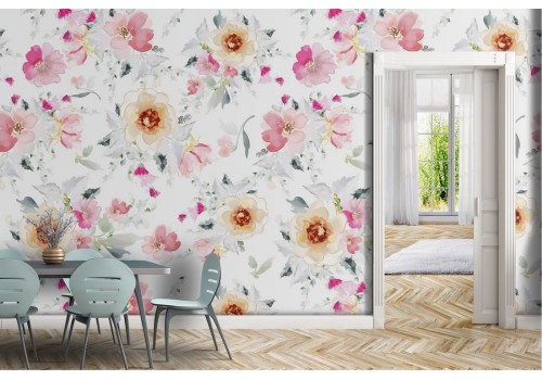Refined white and pink floral wallpaper.