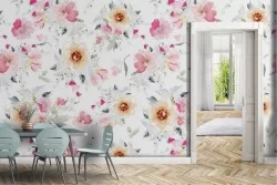 Carta da Parati fiori bianchi e rosa raffinati.