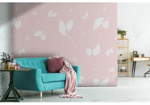 Carta da Parati foglie stilizzate fondo rosa.