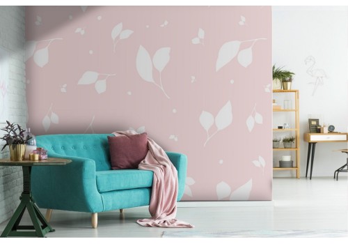 Wallpaper with stylized leaves on a pink background.