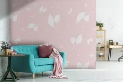 Carta da Parati foglie stilizzate fondo rosa.