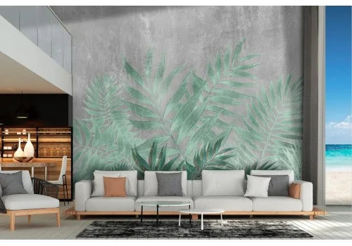 Tropical leaves wallpaper with concrete surface