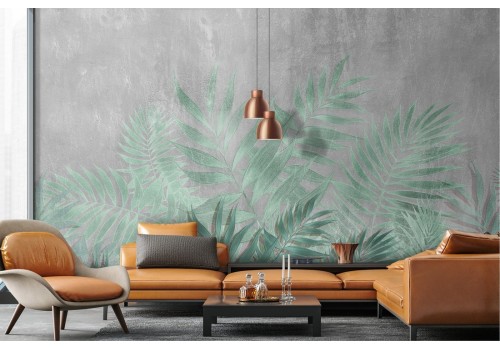 Tropical leaves wallpaper with concrete surface 2