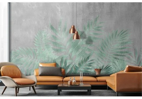 Tropical leaves wallpaper with concrete surface 2