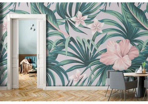 Tropical nature wallpaper with leaves and flowers.