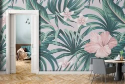 Tropical nature wallpaper with leaves and flowers.