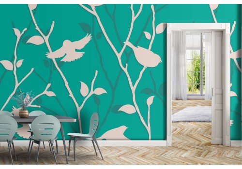 Wallpaper nature stylized leaves and birds.