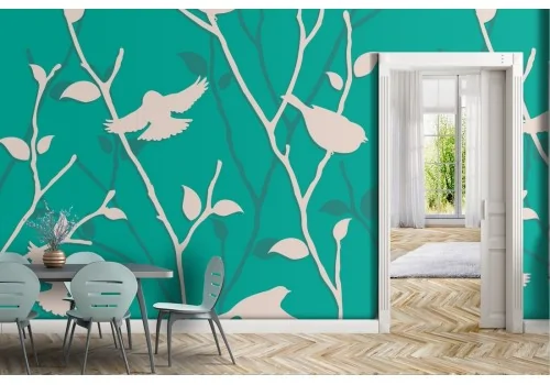 Wallpaper nature stylized leaves and birds.