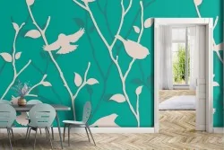 Wallpaper nature stylized leaves and birds.