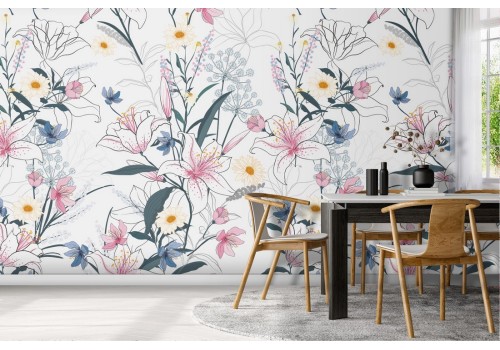 Carta da Parati fiori e foglie decorazione raffinata.