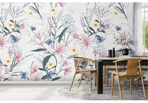 Carta da Parati fiori e foglie decorazione raffinata.