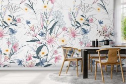 Wallpaper with flowers and leaves, refined decoration.