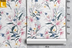 Wallpaper with flowers and leaves, refined decoration.