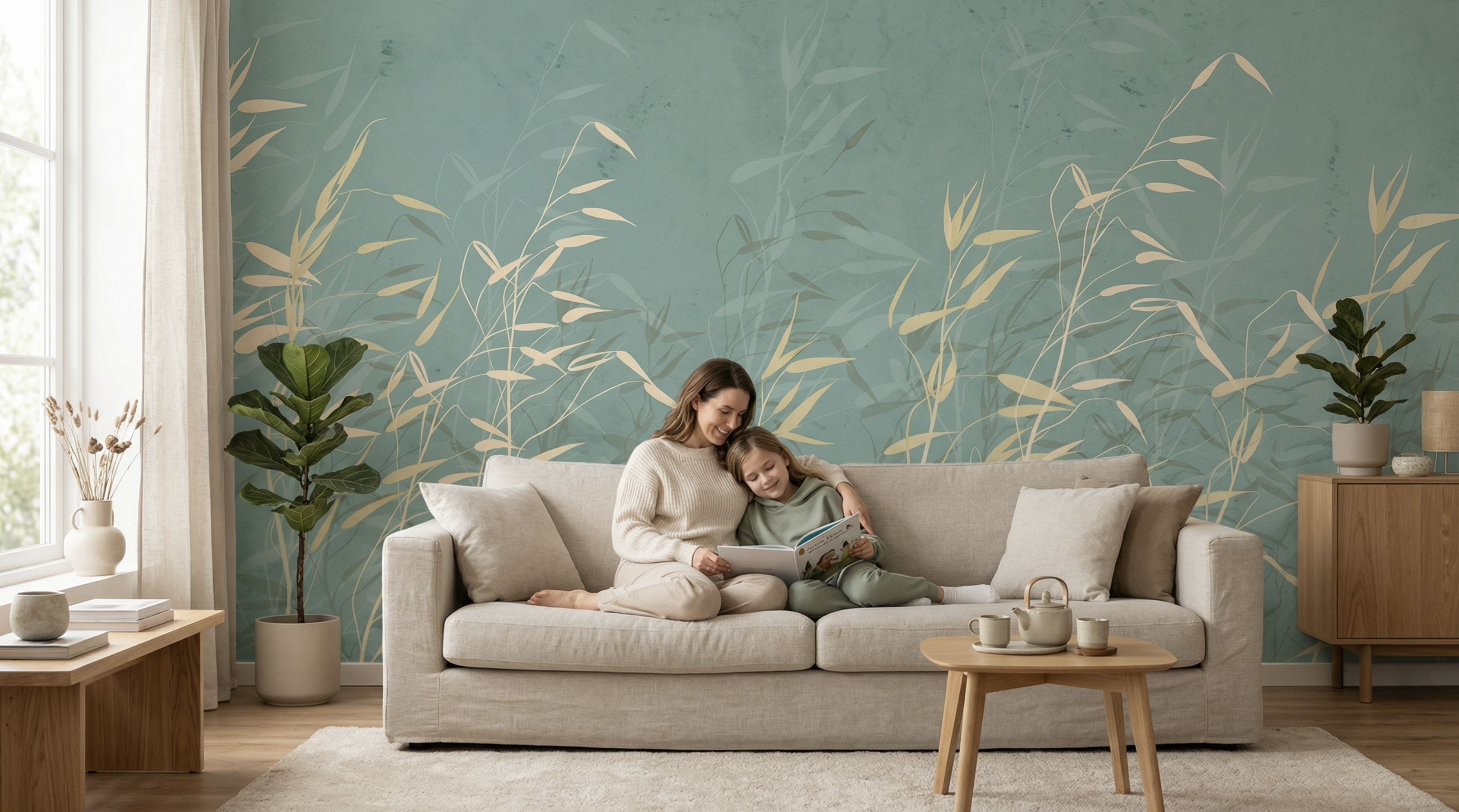 carta-da-parati-foglie-stilizzate-oro-verde-acqua